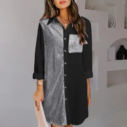 Casual Dresses Female Fashion Satin Sequin Patchwork Button Shirt Dress For Women Turndown Collar Party Sparkling