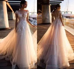 Western Garden Beach Boho Wedding Dresses Sheer Cap Sleeve Applicques Ruffles Tulle Long Bridal Clows A Line Robe de BC29