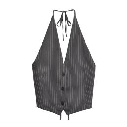 Waistcoats YENKYE New 2024 Women Sexy Backless Halter V Neck Striped Vest Female Fashion Waistcoat Chic Crop Top