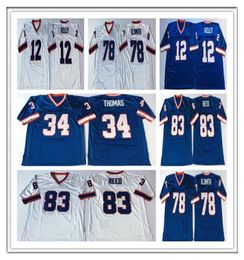 Men Vintage Football Thurman 34 Thomas Jim 12 Kelly 78 Bruce Smith 83 Andre Reed Sticthed Retro Jerseys Cheap Blue White Size S3X4395121