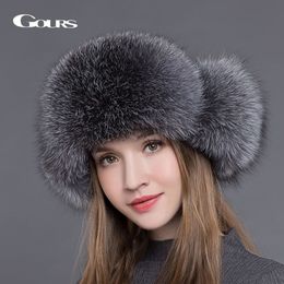 Gours Fur Hat for Women Natural Raccoon Fox Fur Russian Ushanka Hats Winter Thick Warm Ears Fashion Bomber Cap Black New Arrival L242g