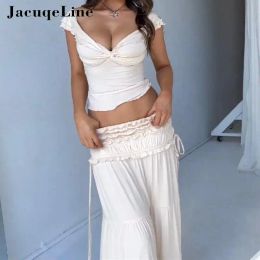 Suits Jacuqeline y2k Maxi Dress Two Piece Sets Women French Outfits Sexy Off Shoulder Deep V Crop Tank Top and Ruched Long Skirts Sets