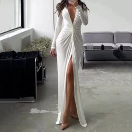 Dress Women Maxi Dress Autumn 2023 New Fashion Sexy Slit V Neck Long Sleeve Solid Slim Pleated Evening Party Prom Dresses