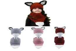 Fox Ear Baby Knitted Hats with Scarf Set Winter Kids Boys Girls Warm wool hat loop scarf Shapka Caps for Children Beanies Caps LJJ7357987