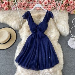 Dress French Style Vintage Hepburn Sexy LowCut Women Dress 2021 Summer New Solid Colour Korean Backless Sequin VNeck ALine Dresses