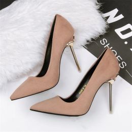 Dresses 6 Colours Concise OL Office Lady Shoes 2023 New High Heels Autumn Flock Women's Pointed Shoes Shallow Sexy Dress Party Pump Women