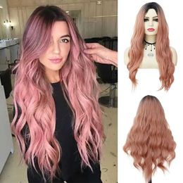 Hair Wigs Synthetic Long Wave Wig with Dark Root Ombre Pink for Women Natural Daily Cosplay Halloween Party Heat Resistant 240306