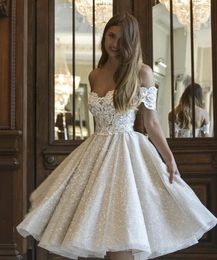 Summer Short Glitter Wedding Dress Tea-Length Off Shoulder Elegant Women Bridal Party Gowns Lace Applique Shiny Princess Vestidos De Novia