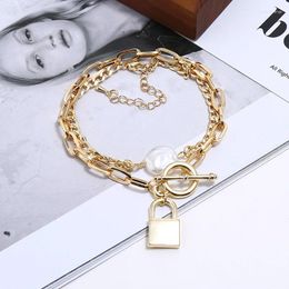 Charm Bracelets Shiny Gold Color Simulated Pearl Chunky Link Chain Statement Hip Hop Bracelet For Women Men Bangle Fashion Jewelry