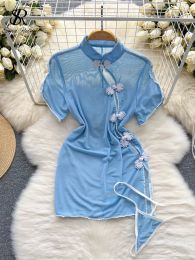 Dress SINGREINY Retro Porno Lingerie Women Night Dress Sheer Button Design Slim Short Sleeve Split Shapewear Cheongsam Sexy Pyjamas