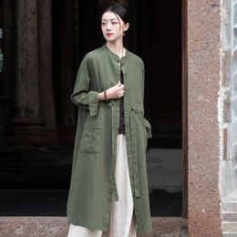 Women's Trench Coats Johnature Women Chinese Style Bandage Stand Long Sleeve Solid Color Autumn 2024 Button Pockets Cotton Linen