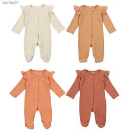 Footies FOCUSNORM 0-6M Newborn Baby Boys Girls Footies Solid Ruffles Long Sleeve Knit Single Breasted Autumn Jumpsuits 4 Colours YQ240306