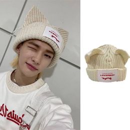 BeanieSkull Caps KPOP Hat Stray Kids Minho Knitted Cat Ears Boy Girl s Beanie 221024250I