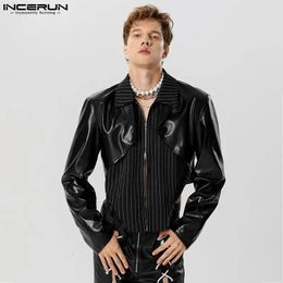 Men Jackets Solid Colour Lapel Long Sleeve One Button Crop Coats PU Leather Streetwear Fashion Men Outerwear INCERUN S-5XL 240227