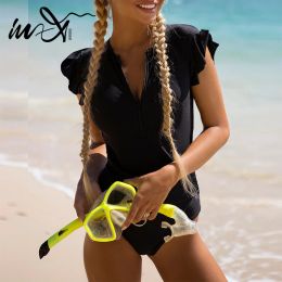 Swimwear InX Zipper swimsuit Ruched one piece swimwear women 2022 New Soild Bathing Suits Black Surf Suit Female ruffled beach wear
