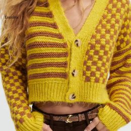 Cardigans Asymmetrical Striped Plaid Sweater Women Long Sleeve V Neck Crop Tops Autumn Winter Knitted Cardigan Ladies Outwear New