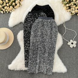 skirt Korean Fashion Velvet Skirts Women Sequin Bling Clothing High Waist Female Sheath Skirt Ladies Vintage Slim Skirt Dropshipping