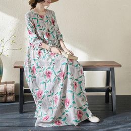 Casual Dresses 2024 Spring Summer Floral Print Cotton Linen Women Korean Fashion Loose Long Dress Robe Ladies Elegant Clothing