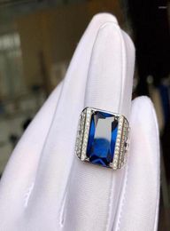 Cluster Rings Exquisite Royal Blue Sapphire Gemstone Ring For Men Rectangle Gem Good Cut 925 Sterling Silver Birthday Gift Big Siz2327810