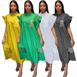 Dress Houseofsd 2023 African Fashion Ladies Causal Shirt Dress Beaded Style Solid Color Mid Calf Length Short Dresses For Mama