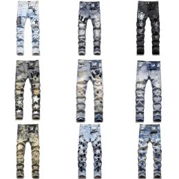 Designer Jeans da uomo Jeans da uomo High Street Jeans viola per uomo Pantaloni ricamati Donna Oversize strappato Patch Hole Denim dritto Moda s