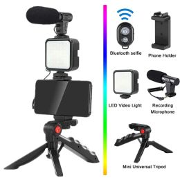 Smartphone Video Kit Microphone Bracket Photography Lighting Phone Holder LED Selfie Tripod Recording Handle Portable Stabilizer