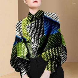 Women's Blouses Stylish Lapel Button Loose Printed Lantern Sleeve Shirt Female Clothing 2024 Autumn Casual Tops Korean Asymmetrical Blouse