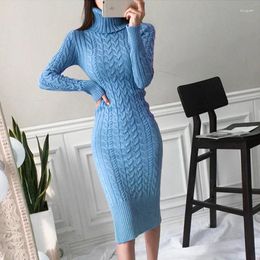 Casual Dresses Winter Women Clothing Pure Colour Knitted Turtleneck Long Sleeve Jumpers Slim Stretch Midi Sweater Dress Female Vestidos