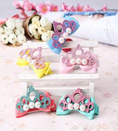 ashion Children Hair Clips Shiny Crown With Pearl Barrettes Ribbon Bow Crown Baby Girl Hair Pins Haar Speldjes Meisje1118988