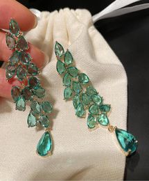 Dangle Chandelier Charm Female Green Crystal Drop Earrings Classic Gold Colour For Women Trendy Bridal Leaf Zircon Wedding5268783