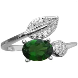 Cluster Rings Fashion Silver Leaf Ring With Gemstone 5mm 7mm Natural Diopside 18K Gold Plating 925 Jewelry