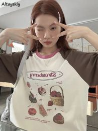 T-Shirts Tshirts Women Panelled Loose Vintage Korean Style Summer Oneck Sweet Casual College Ins Fashion Ulzzang Simple Allmatch Chic