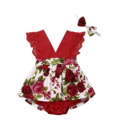 Jumpsuits Nfant Baby Girl Clothes Sleeveless Flower Print Bowknot Bodysuit Jumpsuitheadband 2pcs Outfits Summer5672846