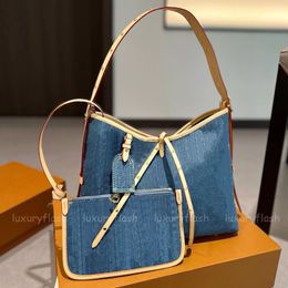 Borsa a tracolla da donna di design Borsa a mano Tote in tela rivestita in pelle Vintage Carry All 2 in 1 Hobo con portafoglio Moda Denim Blue Lady Portamonete Borse Marrone