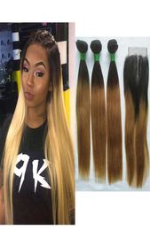 1B27 Ombre Blonde Straight Bundles with Closure Brazilian Peruvian Malaysian Human Hair Weave 3 Bundles with 4x4 Middle Part Lac8870485