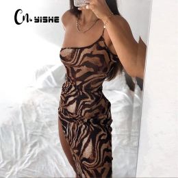 Dress CNYISHE Tiger Print Oneshoulder Sexy Slit Maxi Dress Summer Women Fashion Streetwear Outfits Party Club Dresses Female Robes