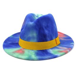 Fashion Flat Brim Jazz Felt Hat New Arrival Trendy Lady Colorful Tie Dye Panama Faux Wool Fedora Hat Cap with Yellow Band2628