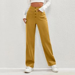 Women's Pants Casual Straight Leg High Waisted Button Up Solid Colour Elastic Business Work Multiple Pockets