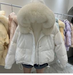 Fur 2023 Women Winter Fashion Ladies Short Loose Overcoats White Duck Down Jackets Female Real Big Fur Collar Hooded Coats