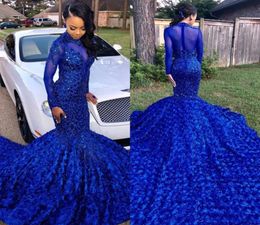 Luxuriously Long Tail Royal Blue 2019 Black Girls Mermaid Prom Dresses High Neck Long Sleeves Beaded Handmade Flowers Evening Part9932044