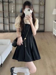 Dress Dress Women Slim Students Daily Aline Summer Korean Style Kawaii Patchwork Fashion Simple Casual Puff Sleeve Retro Above Knee