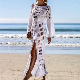 Sarongs 2021 Crochet White Knitted Beach Cover Up Dress Tunic Long Bikinis Ups Swim Beachwear1224v