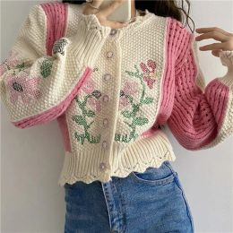 Cardigans Luxury Floral Bow Beading Knitted Cardigan Women 2024 Fashion Vintage V Neck Long Sleeve Sweater Top Female Outerwear Chic Tops