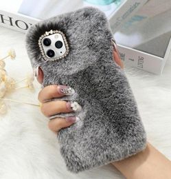 For iPhone 11 Pro 8 Plus XR XS MAX Cases Warm Fluffy Furry Plush Hairy Phone Case Cover Cute Winter Rabbit Soft Fur Rhinestone82304295342