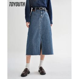 Dresses Toyouth Women Denim Skirt 2023 Spring A Line Back Waist Elastic Loose Split Hem Dark Blue Chic Casual Streetwear Midi Skirt