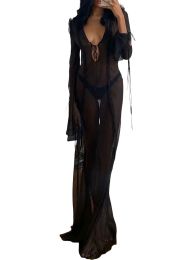 Cover-up Women Y2k Sexy Sheer Mesh See Through Long Dress Gothtic Long Sleeve Bodycon Dress V Neck Tie Front Side Split Dress