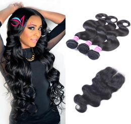 Brazilian Virgin Human Hair Extensions Weaves Body Wave Natural 1B Color 3 Bundles With Closure 44 Lace Closure High Quality8911543