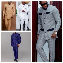 in African Style Elegant Plaid Single Breasted Top and Pants 2 Piece Wedding Party Business Men Clothing Set 240305