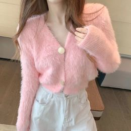 Cardigans French Chic V Neck Knitted Cardigan Woman Singlebreasted Long Sleeve Fluffy Sweater Women Cropped Top Clothing Dropshipping