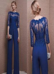 Royal Blue Plus Size Mother Of Bride Pant Suits 34 Lace Sleeve Mother Jumpsuit Chiffon Cocktail Party Evening Dresses Custom Made6060522